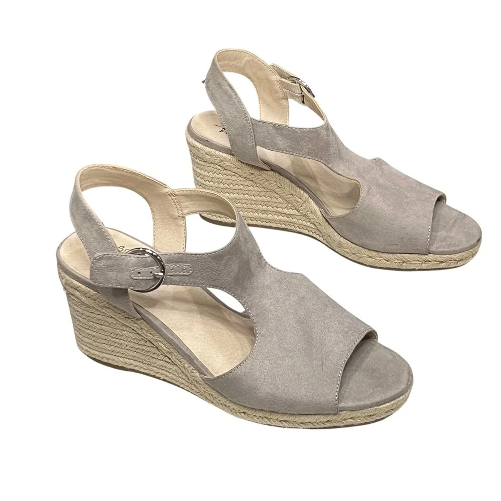 LifeStride Velocity Wedge Sandals Women 9.5 Taupe Suede Espadrille Comfort Shoes